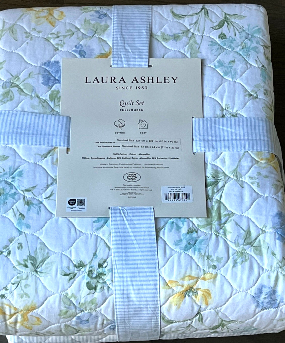 Laura Ashley Poppy Meadow Yellow Blue Floral Cotton Full/Queen Quilt Set