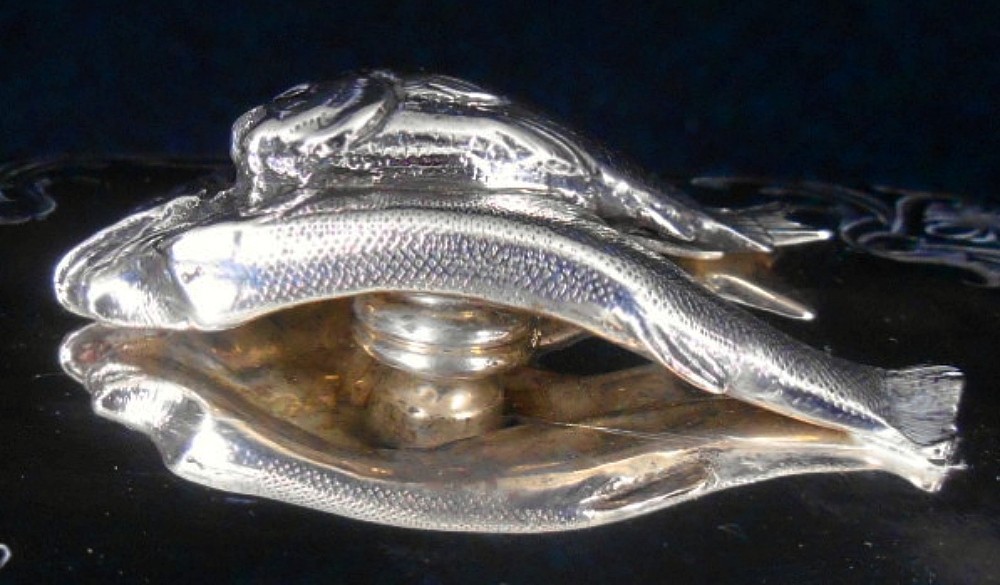 A solid silver sardine serving receptacle, with cast silver fish, Boston, Mass c