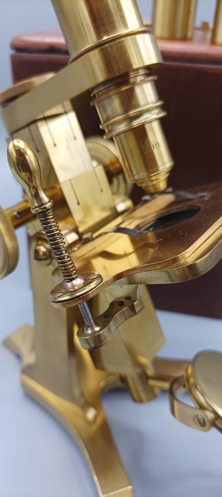 A FINE COMPOUND MICROSCOPE by Pillischer ¾ 19th