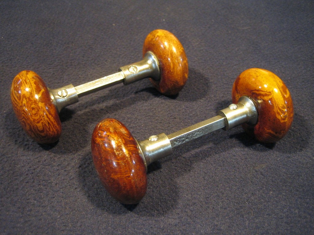 Pair Antique Brown Marble Swirl Tiger Eye Bennington Porcelain Door Knobs 1890's