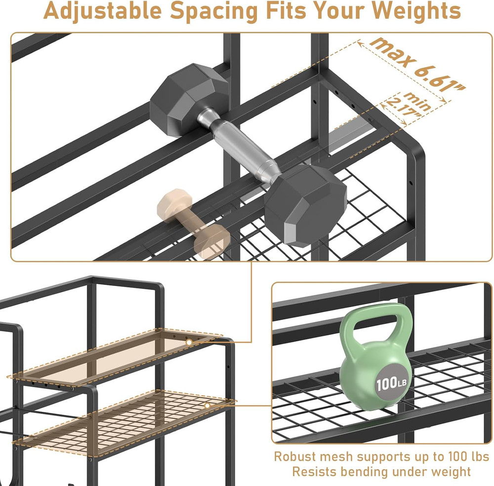 Home Gym Storage Rack, Multi-Functional Workout Equipment Storage for Dumbbells,