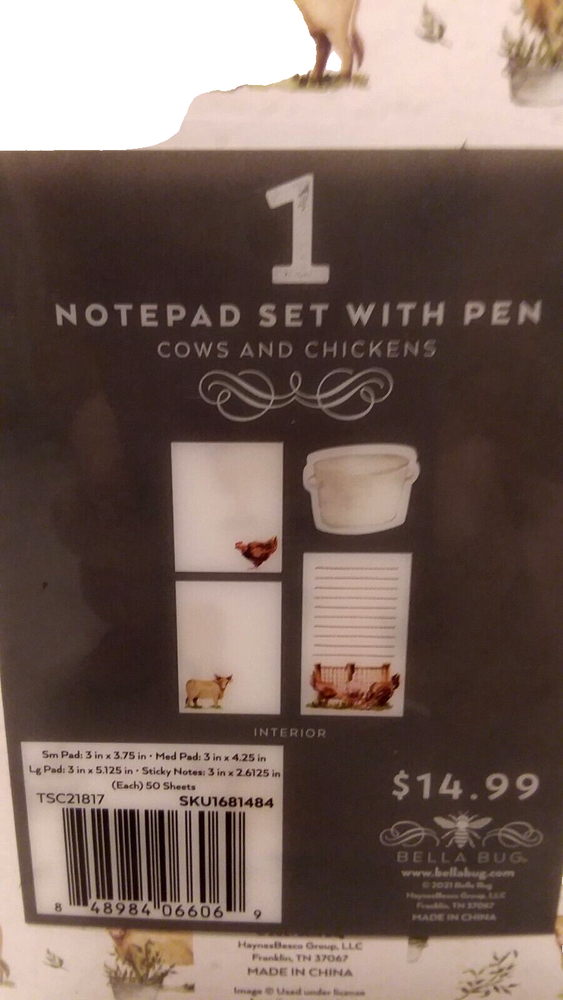Bella Bug Notepad Set With Pen - Cows and Chickens