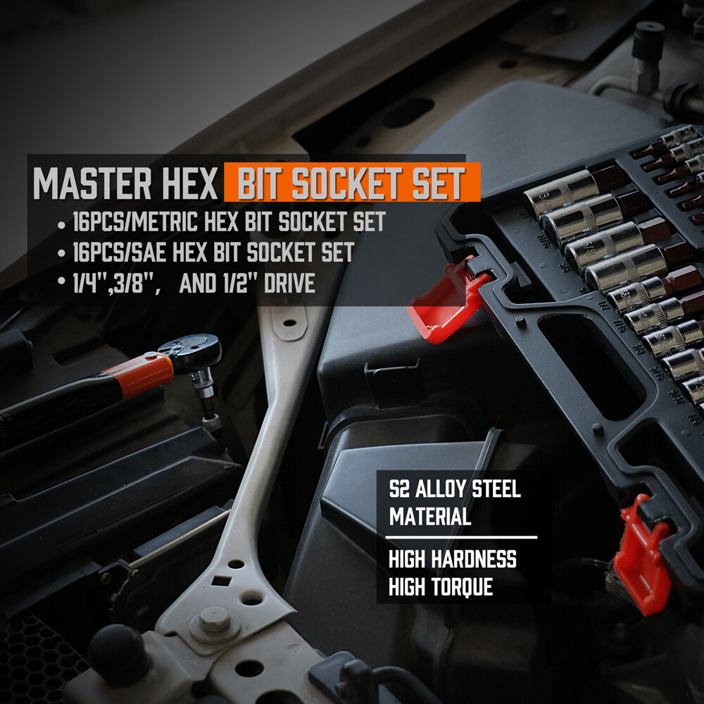 HORUSDY Hex Bit Socket Set 32PC SAE Metric 1/2" 3/8" 1/4" Driver S2 Steel W/Case