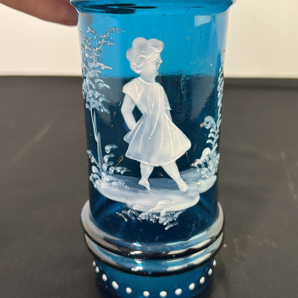 VINTAGE BLUE GLASS PICKLE JAR HAND PAINTED SILVER PLATE LID