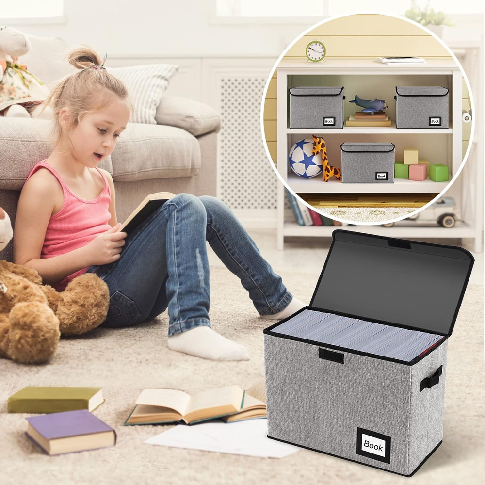 Book Storage Box Collapsible Comic Short Heavy Duty Books Bin Container Grey