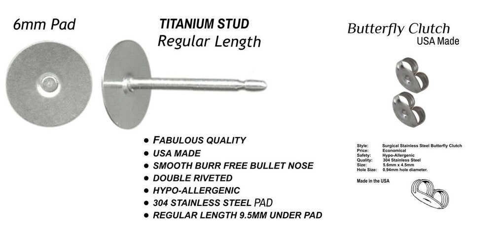 Earstuds: 50 x 6mm Titanium Studs - Butterfly Clutch
