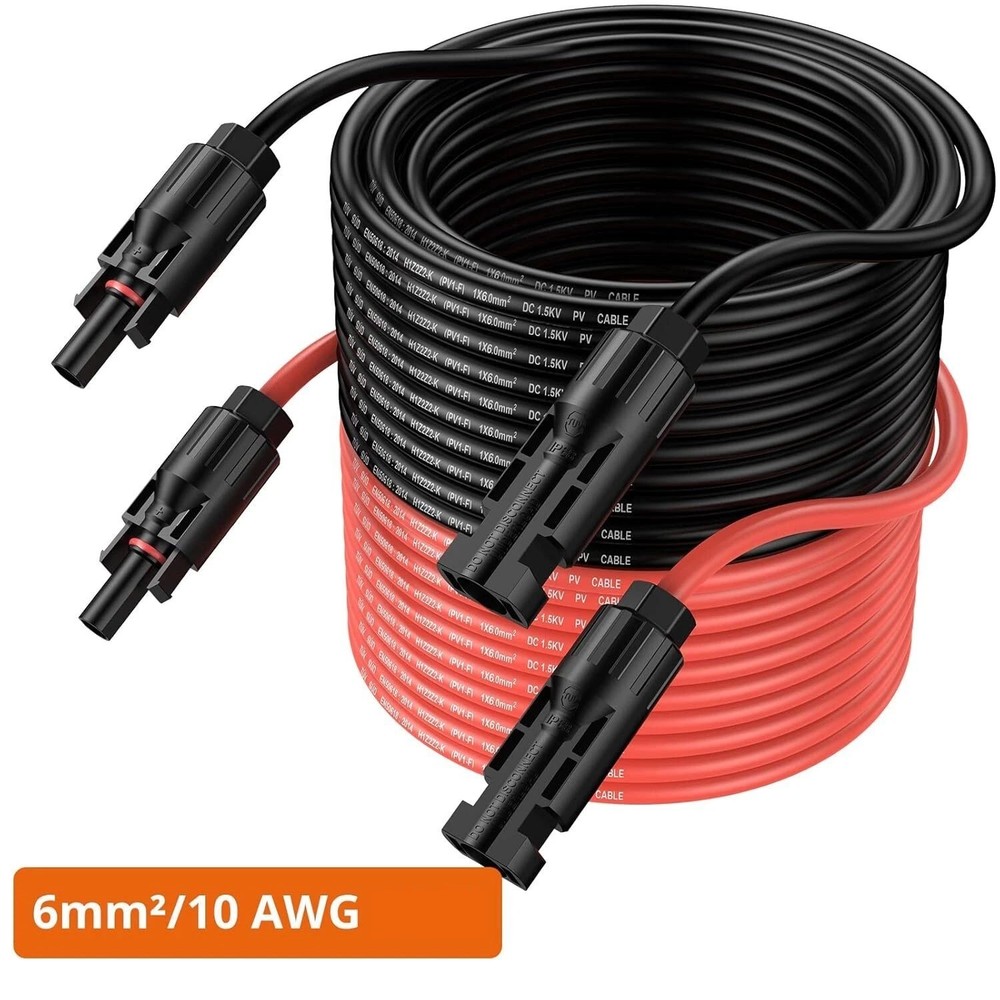 Black+Red 10 AWG Solar Panel Extension Cable Silicone Flexible Wire Connectors