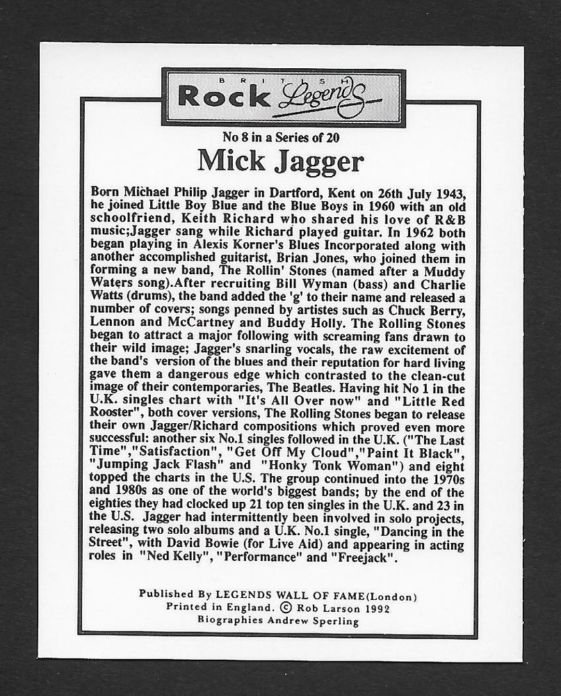 Mick Jagger Rock Legends 1992 card #8