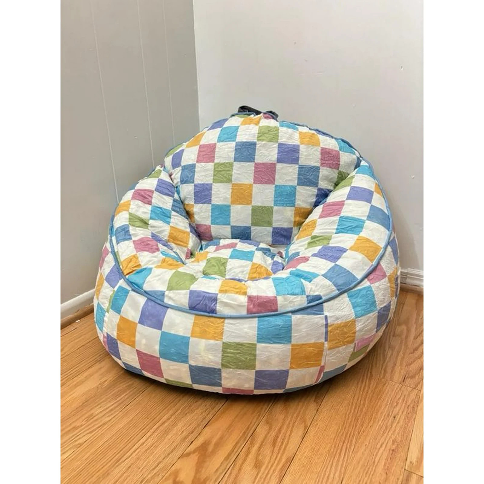 Compressed Foam Bean Bag Chair for Kids, Rainbow Checkerboard, New