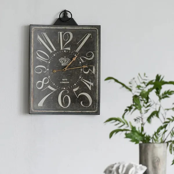 Large Vintage Black Rectangular Wall Clock with White Numerals, Home Decor Accen
