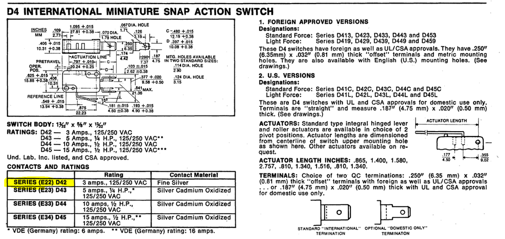 CHERRY ELECTRICAL PRODUCTS - D42LR1XD - Switch, Micro. SPDT 3A 125V. New