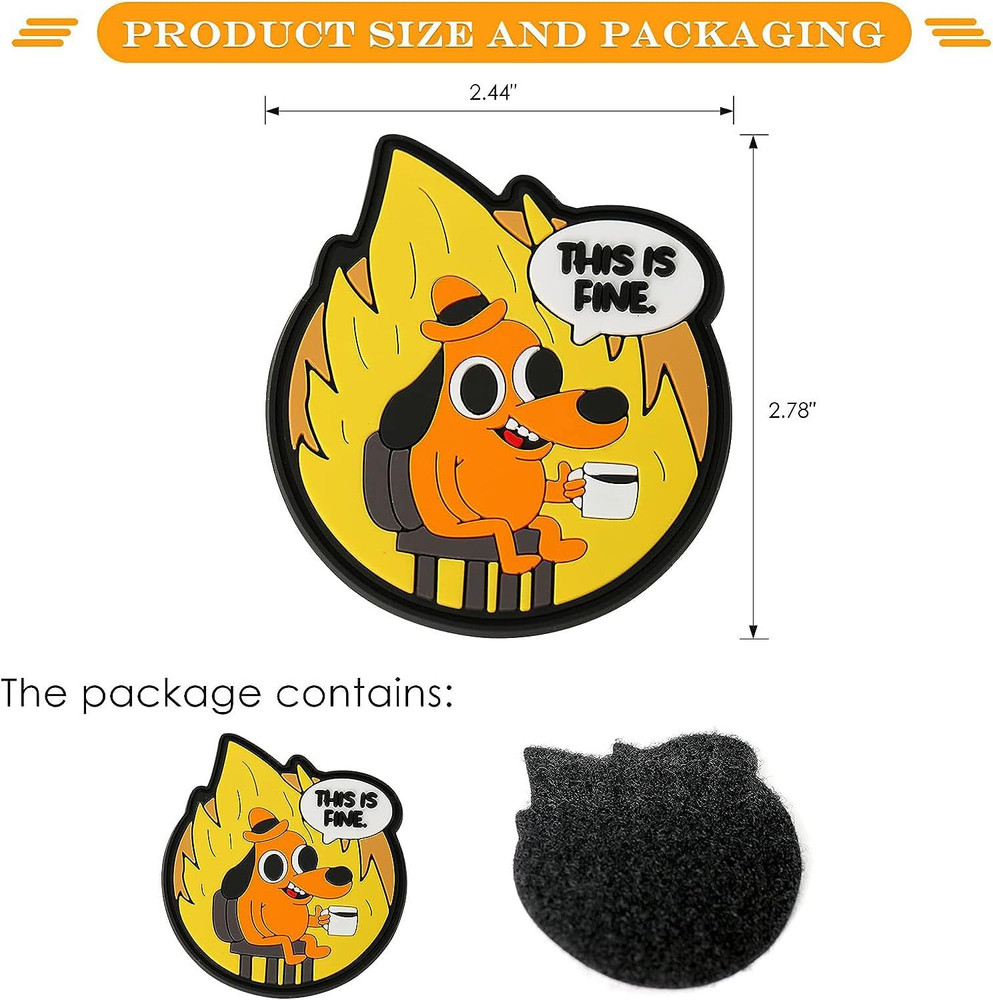 This Is Fine Dog PVC Patch, 1 Pc PVC Rubber Meme Morale Patch with Hook and Loop