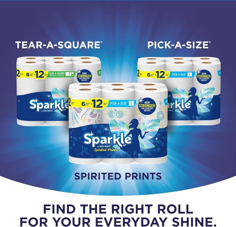 Sparkle Pick-a-size Paper Towels Spirited Prints 6 Double Rolls = 12 Regular.