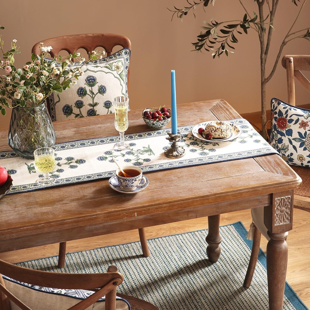 patdrea Designer Blue Rustic Elegant Floral Patterned Linen Table Runner 102 ...
