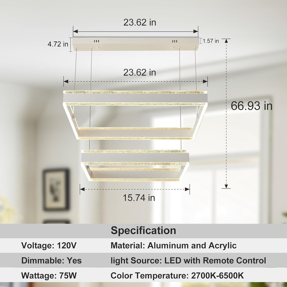 Modern Square 2-Ring LED Chandelier White Dimmable Ceiling Light w/ Remote Fix