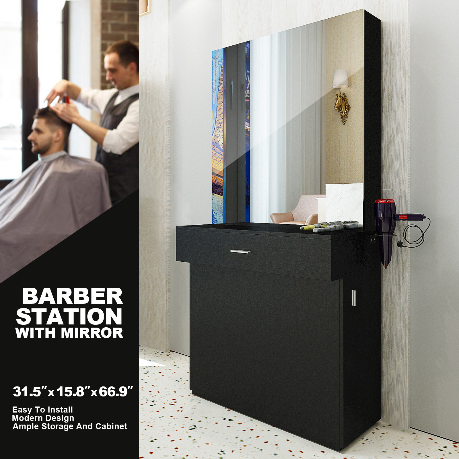 Black Wall Mount Barber Station W/Mirror Dressing Table Beauty Spa Salon Styling