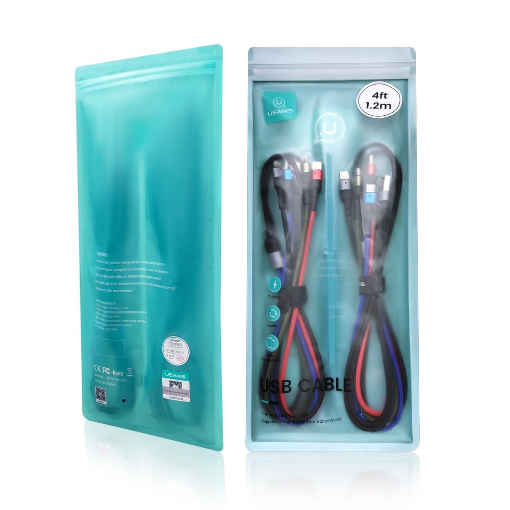 USAMS Multi Charging Cable 2Pack 4FT 4 in 1 Nylon Braided 4ft, Multicolored