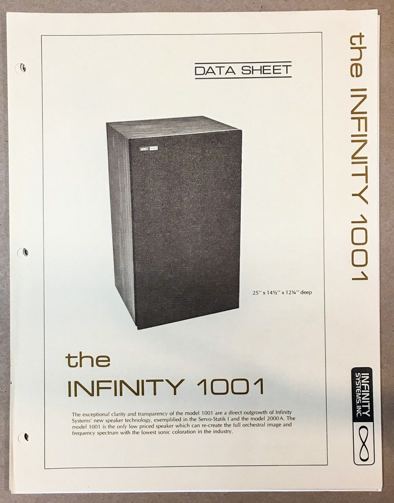 Infinity Model 1001 Speaker  Dealer Spec Sheet *Original*