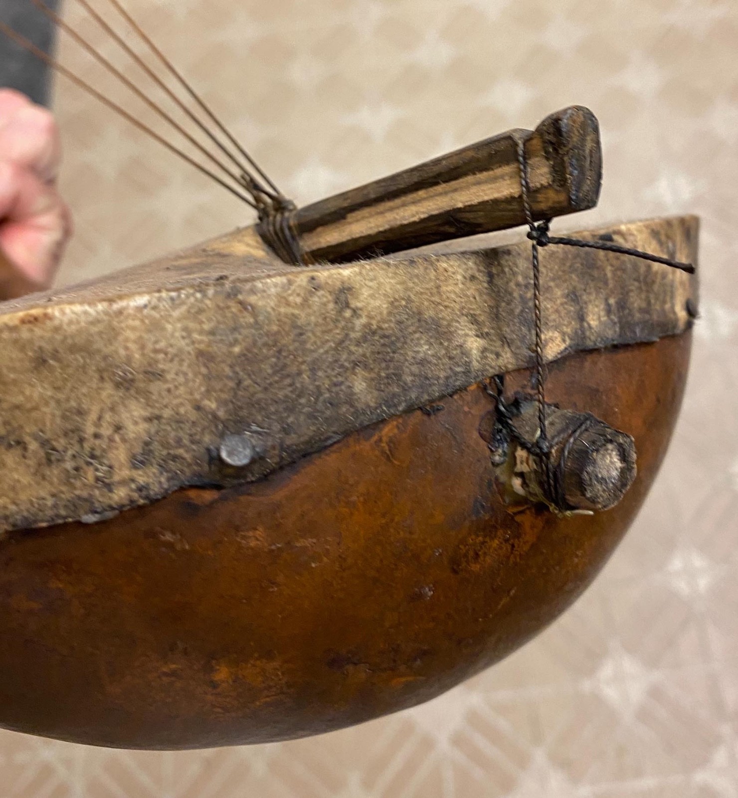 Antique African Adungu 4 String Hand Made Gourd Hide Wood Bow Harp Instrument