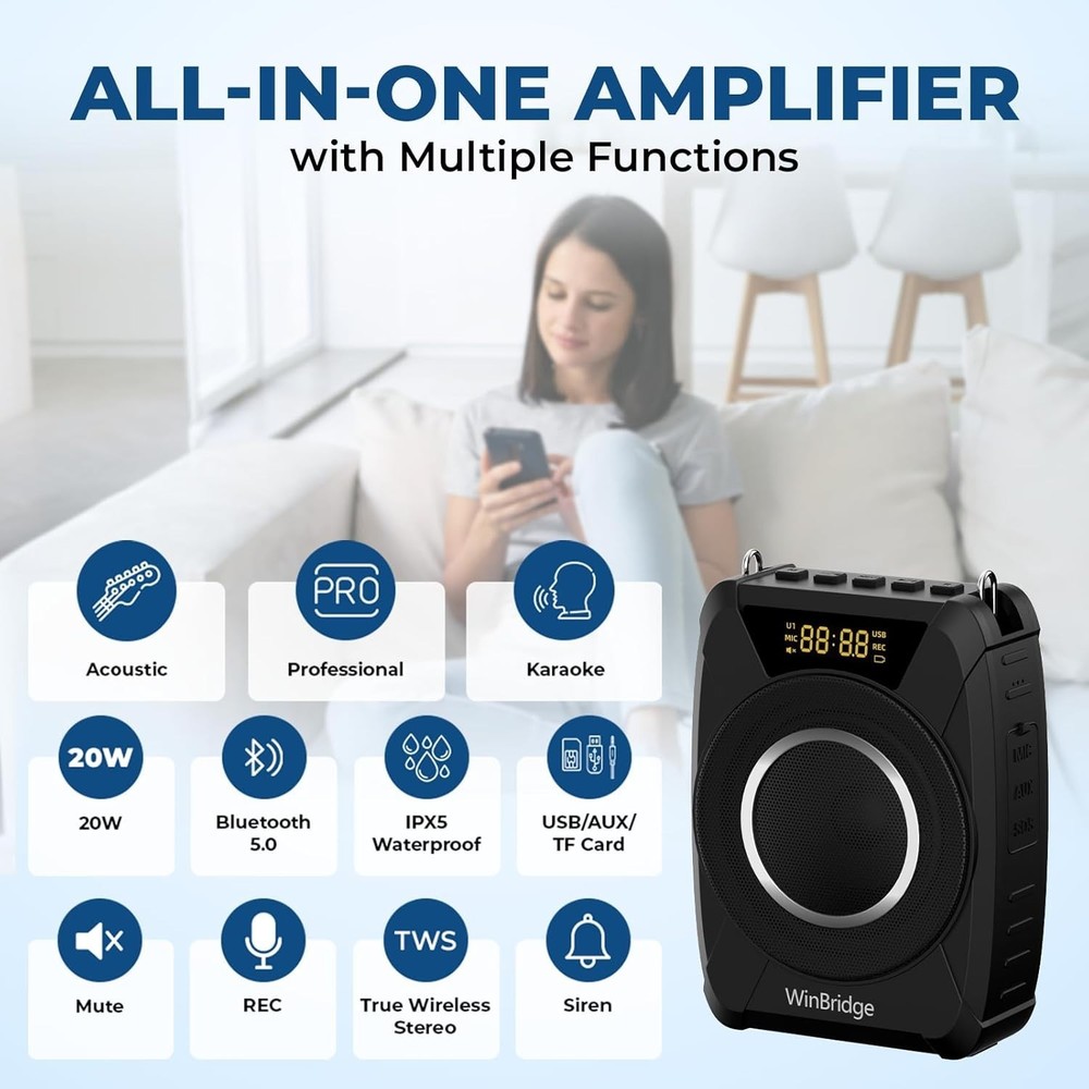 Voice Amplifier Wireless Microphone, 20W Portable PA System with Bluetooth & ...