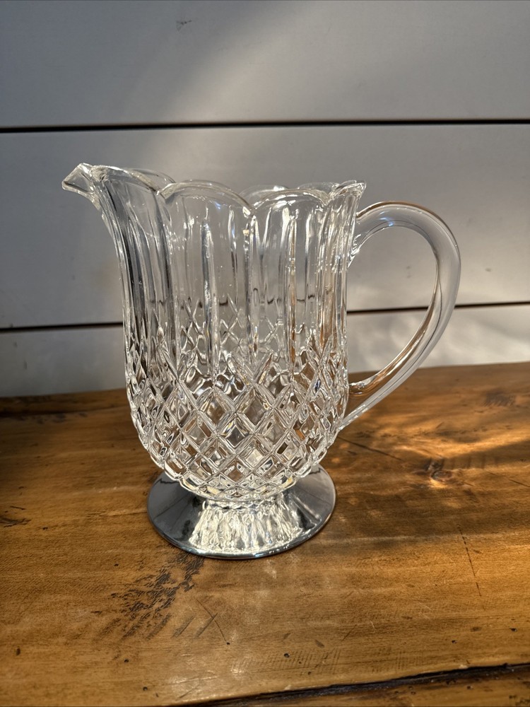 Vintage Diamond Cut Pattern Crystal Pitcher with Silverplate Base