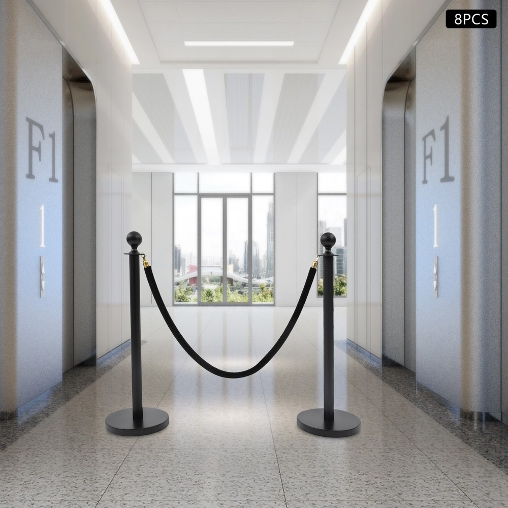 8PCS Stanchion Posts Queue Pole Black with 4 1.5M Ropes Crowd Control Barrier