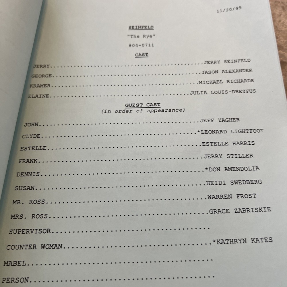 1995 Seinfeld Used Television TV Sitcom Script "The Rye" Revised Table Draft