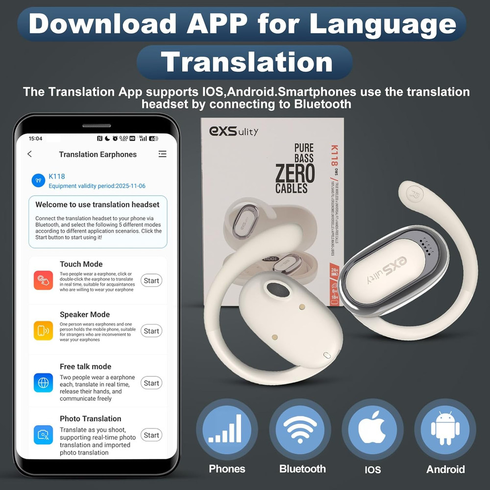 AI Language Translator Earbuds, 144 Languages, 5 Modes, Bluetooth 5.4, White