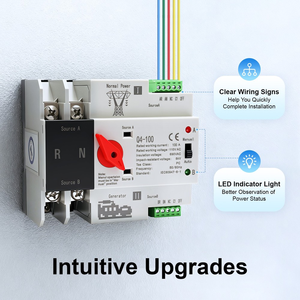 DIN Rail Mount Dual Power Transfer Switch, 2P 100 Amp Automatic Transfer Switch