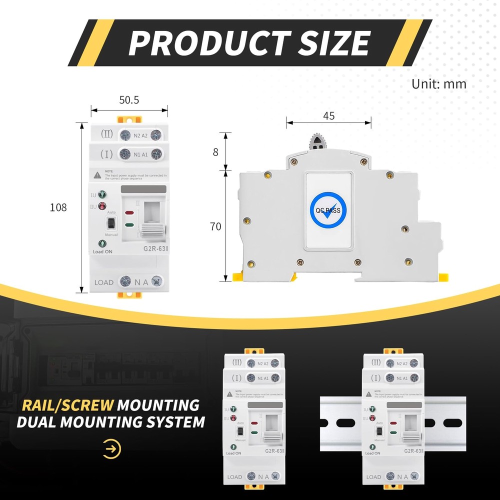 Mini ATS AC Automatic/Manual Transfer Switch 2P 63A 110V, Manual...