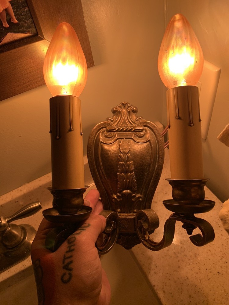 Single Antique Brass Sconce Rewired Light 85A