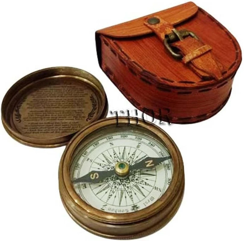 Vintage Brass Pocket Compass with Leather Case Rustic Navigation Gift Decor