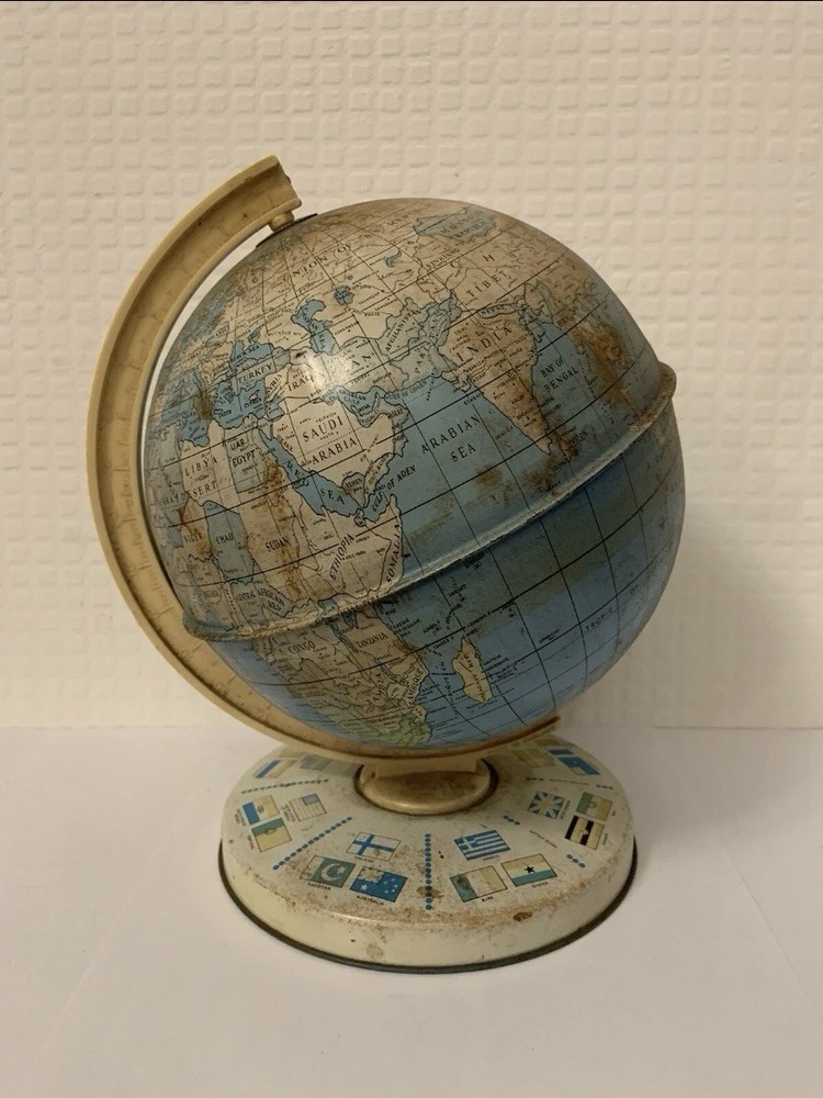 Vintage 1950’s Desktop Rotating Tin Globe World Map