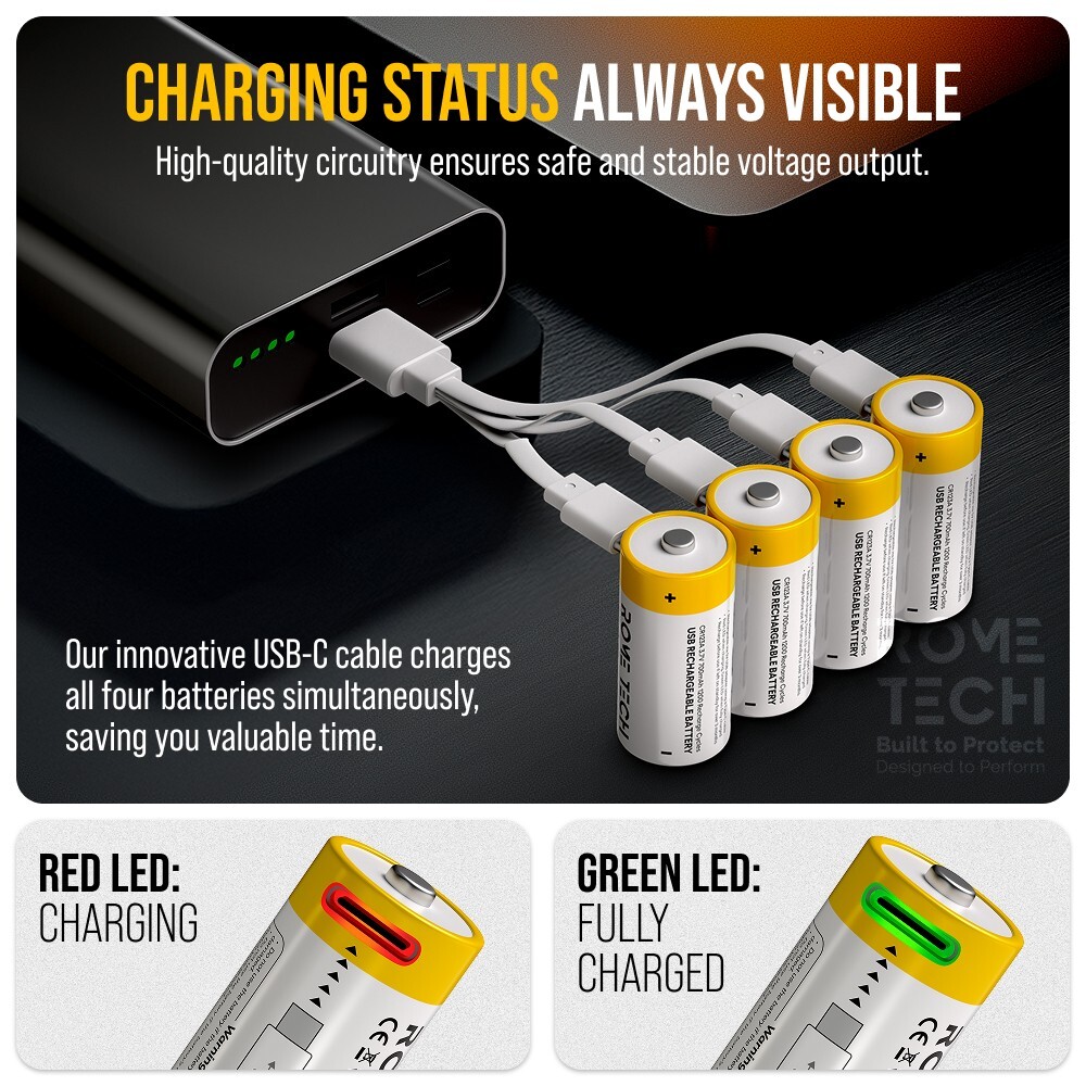 CR123A Rechargeable Batteries 3.7V 700 mAh with USB-C Charging Cable - 4 Pack