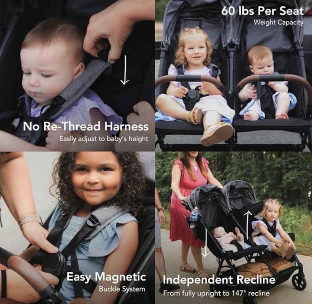 Strolee V2 Double Lightweight Stroller Black Adjustable Handles Compact Fold New