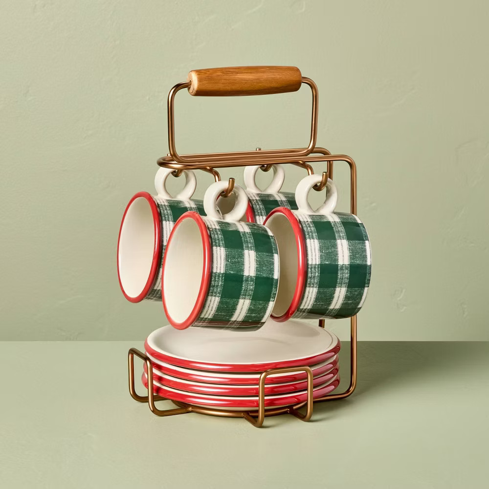 9pc 6.5oz Stoneware Reactive Glaze Hot Cocoa Caddy Green/Cream Plaid - Hearth