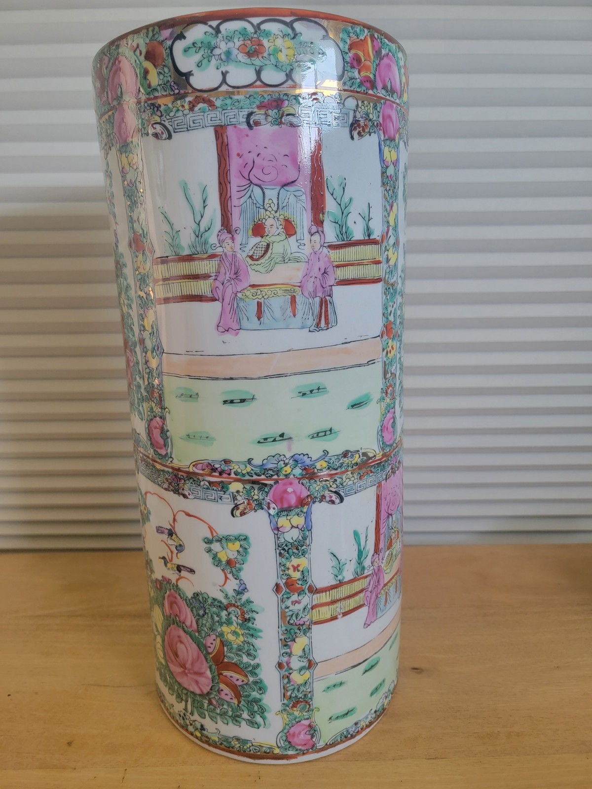 Vintage Porcelain Asian Umbrella Stand Pot Hand Painted 18 3/8" x 8 1/8"