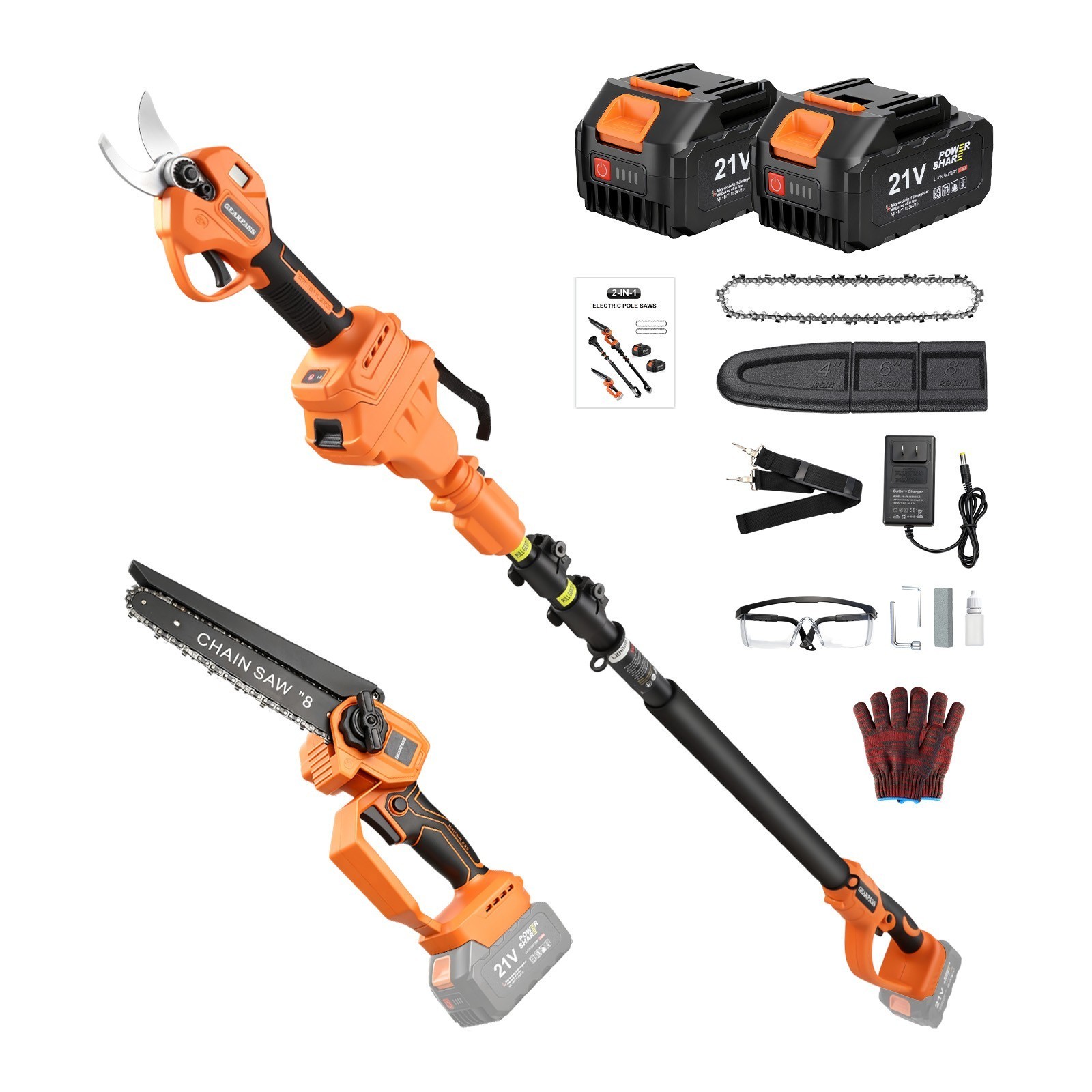 4-in-1 Cordless Pole Saw & Pruning Shears Combo Kit 16FT Reach 8" Chainsaw