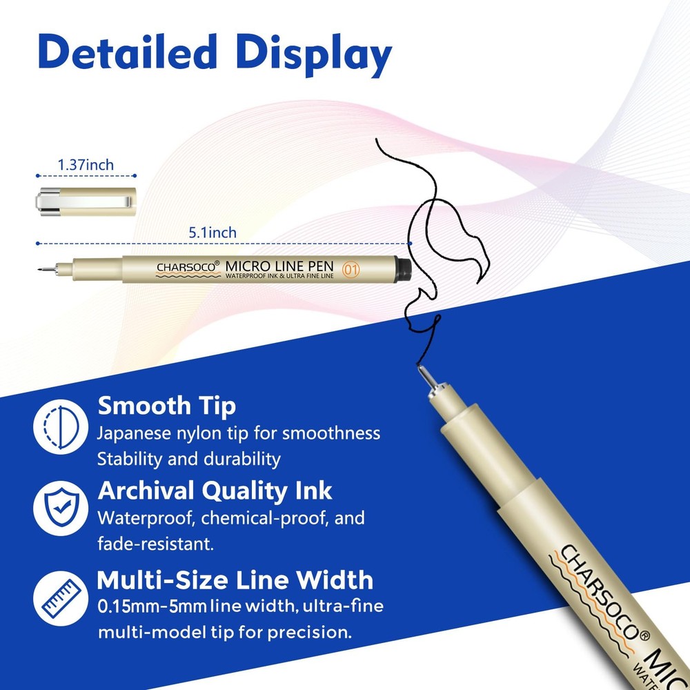 CHARSOCO 01 Micro Pen, 6 Pack Black Fine Point Pen with 【01】,