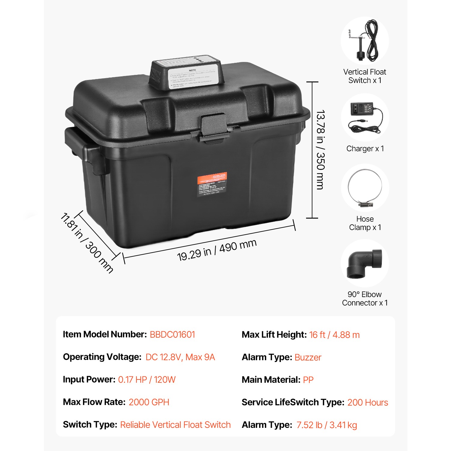 Basement Emergency Back-Up Sump Pump Backup Sump Pump System 2000GPH 0.17 HP