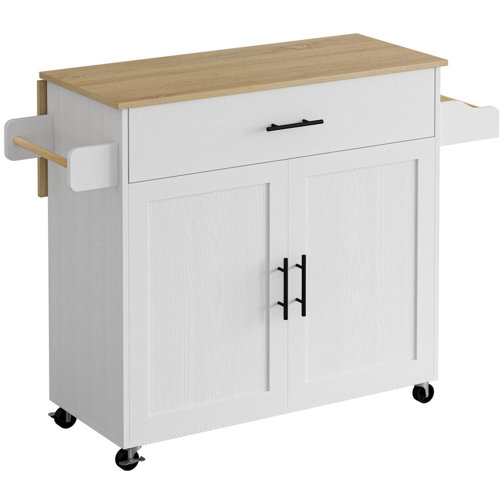IRONCK Rolling Kitchen Island Table on Wheels with Drop Leaf, Storage Cabinet, D
