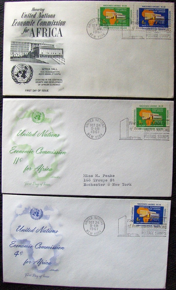 United Nations 3  different FDC  ECONOMIC COMMISSION for AFRICA, NY  1961.
