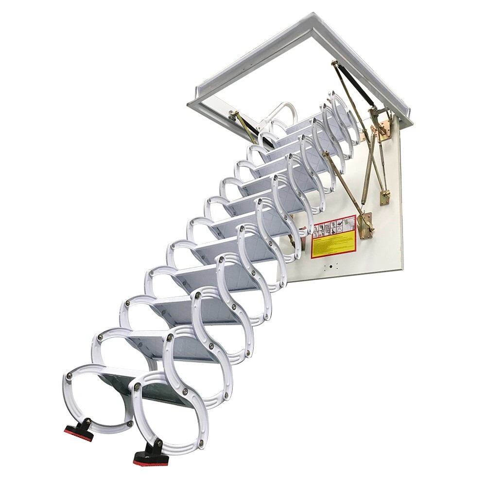 12 Steps Carbon Steel White Attic Pull Down Ceiling Ladder Folding Loft Stairs