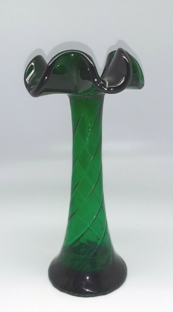 Emerald green glass ruffled top bud vase