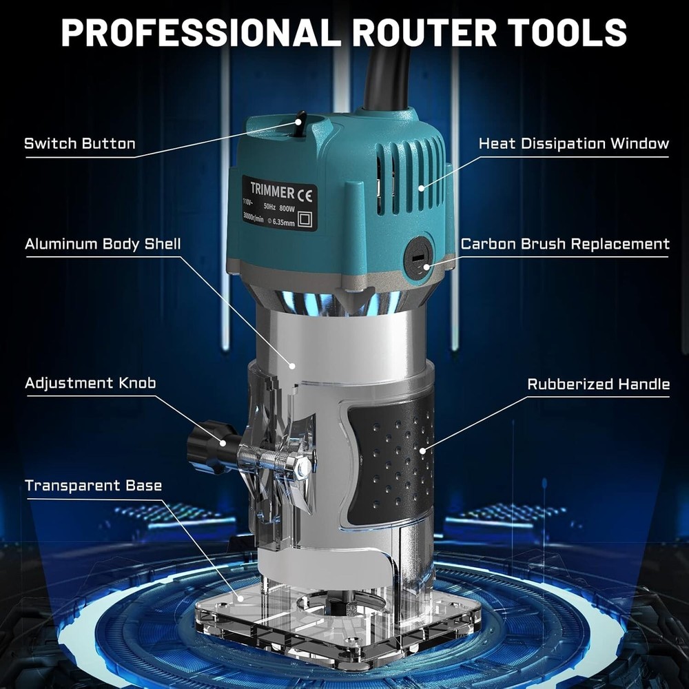 Versatile 110V Handheld Router Tool with 15 Tungsten Carbide Bits and Organizer