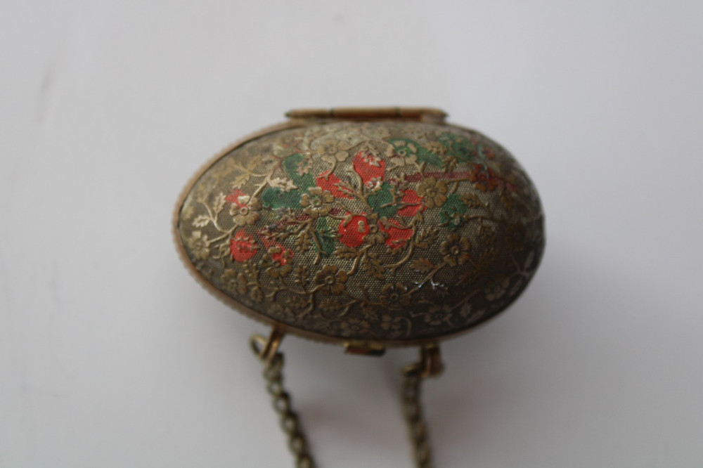 Antique 19th Century Painted Brass Egg Chatelaine Thimble Case w/ (2) Thimbles