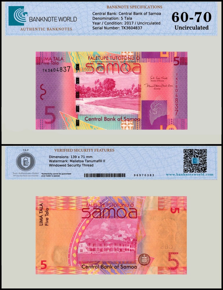 Samoa 5 Tala, 2017 ND, P-38c, UNC, Authenticated Banknote