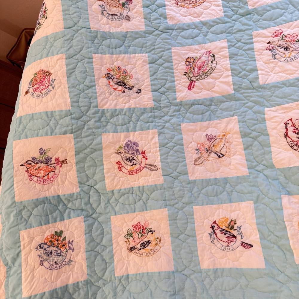 Vintage Handmade State Bird Quilt Blue White Embroidered Patchwork