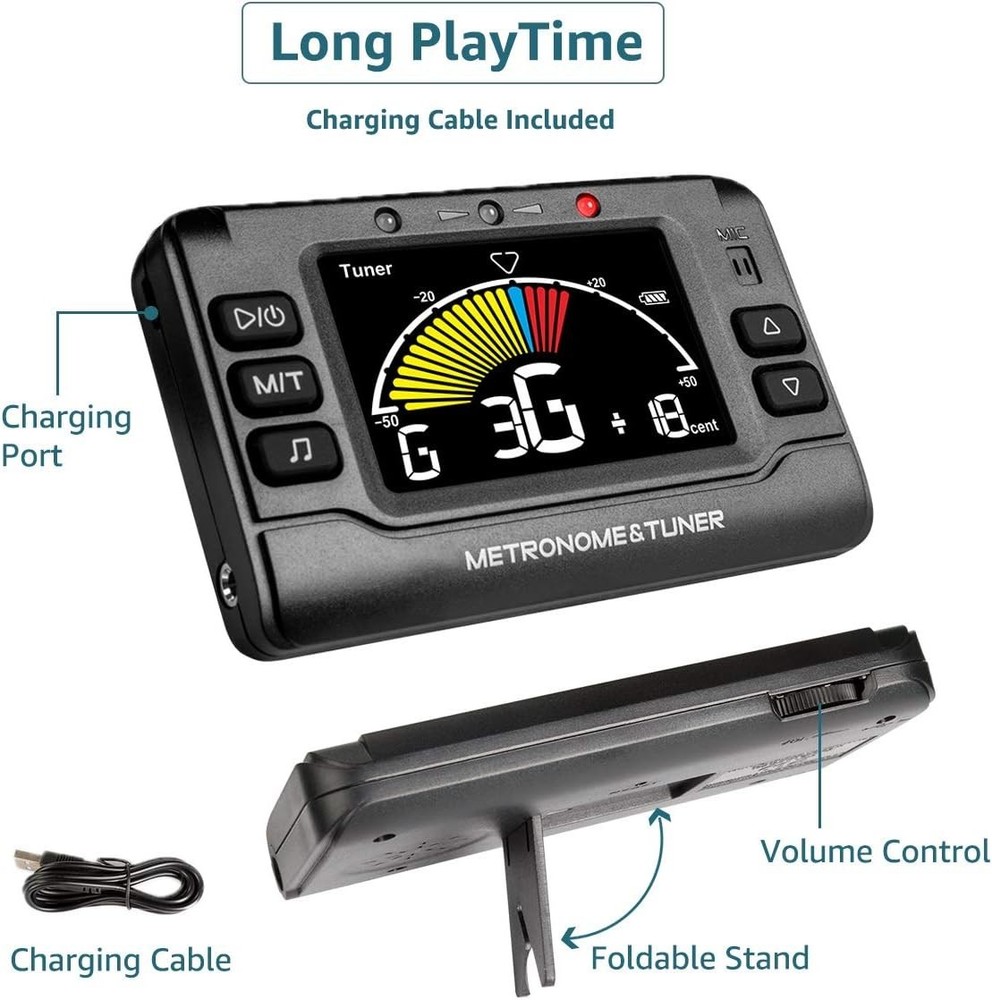 Rechargeable Digital Metronome Tuner - Compact Multi-Instrument 3-in-1 Device