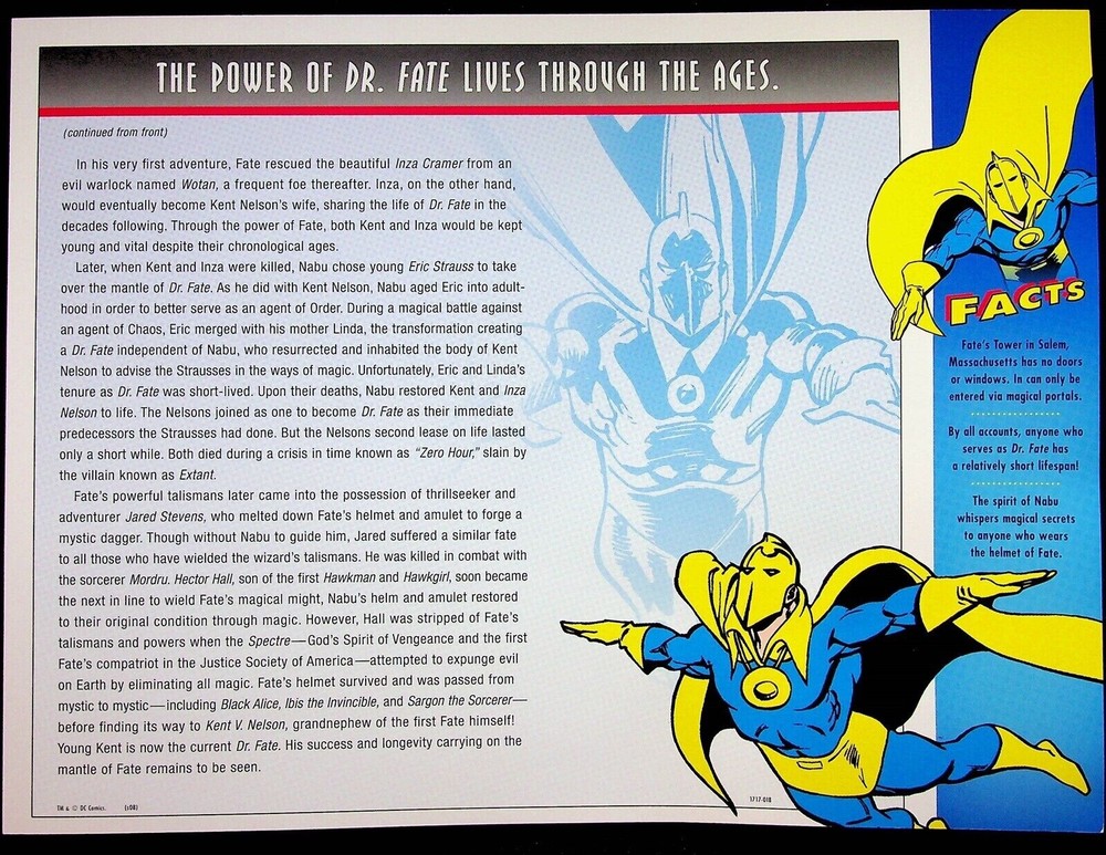 DR. FATE PATCH on INFO CARD ~ from Willabee & Ward ~ DC COMICS PATCH COLLECTION